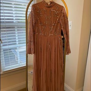 Modest petite beautiful feminine dress! Pink silver beaded long sleeves dress.